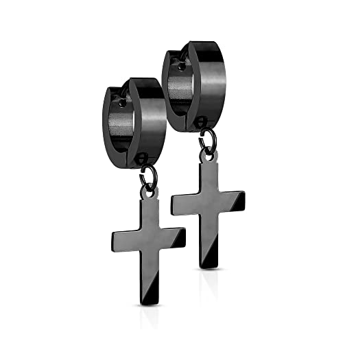 Treuheld Eckige Creolen Ohrringe mit Kreuz-Anhänger 4 Farben 02. - schwarz