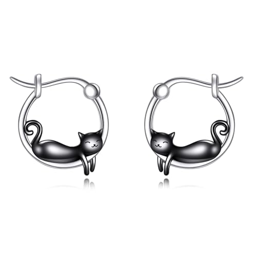 Katze Ohrringe Sterling Silber Schwarz Katze Creolen Niedliche Tierschmuck Geschenke für Damen