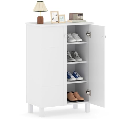 FANTASK Schuhkommode Holz 4-stöckiger Schuhschrank mit Türen abnehmbaren Regalen Griffen platzsparendes Schuhregal für Flur Diele Wohnzimmer 60 x 33 5 x 90 cm Weiß
