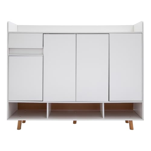 TFGXUE Schuhschrank Schuhkommode Flur mit 4 Türen und 1 Schublade 120 x 32 x 100 cm Flur-Abstellschrank Schuhregal für die tür Warmweiß