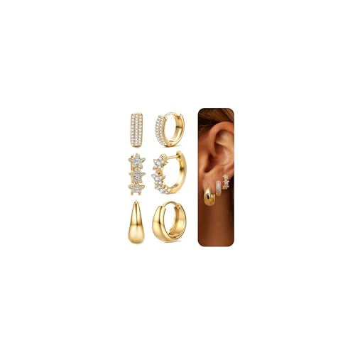 JeweBella 3 Paar Ohrringe Gold Creolen für Damen Chunky Ohrringe Goldene Set 18K Vergoldete Huggie Ohrringe Hypoallergen Leichte Knorpel Ohrringe für Mehrere Ohrlöcher Silber Gold