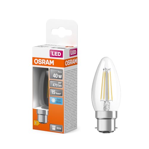 Osram LED Star Classic B 40 Lampe mit LED-Filament-Technologie in klassischer Minikerzenform kaltweißes Licht bei 4000 K 4 W 470 lm bleifreies Klarglas B22d Sockel EEK E 35 mm Durchmesser