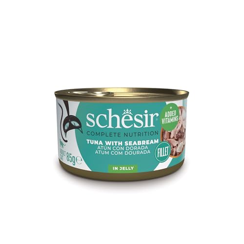 Schesir Thunfisch mit Goldgelee Nassfutter für Katzen in Dosen 100% natürlich mit zusätzlichen Vitaminen 12 x 85 g