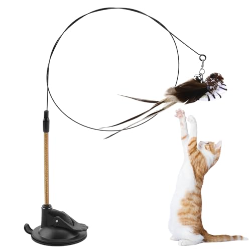 cxxtkcxxlc Katzenangel Stabil mit Saugnapf Katzenspielzeug Angel mit Federn Intelligentes Spielzeug für Katzen mit Vogel-Federn Katzenangel für Selbstbeschäftigung und Unterhaltung - Graue Munia