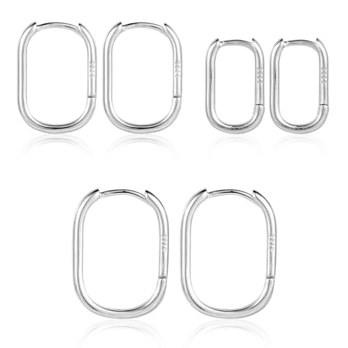 3 Paare S925 Sterling Silber Quadratische Creolen Kleine Ovale Creolen U Förmig Klobig Minimalistische Ohrringe für Frauen Leicht Rechteckig für Mädchen Frauen Geschenk