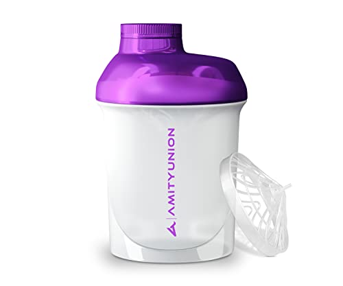 AMITYUNION Frauen Protein Shaker 400 ml Weiss Lila Deluxe - ORIGINAL Eiweiß Shaker auslaufsicher - BPA frei mit Sieb Skala für Cremige Whey Shakes Gym Fitness Becher für Isolate BCAA Pulver