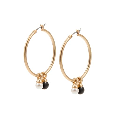 SENCE Copenhagen Goldene Creolen Damen - Be A Star Essentials Kollektion schwarzer Achat und Süßwasserperle - 3.5cm runde Ohrringe Messing 14 Karat vergoldet matte Oberfläche - E-P276EE