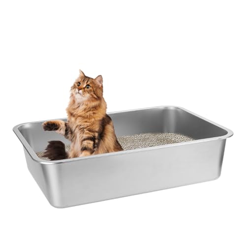 Edelstahl Katzenklo Katzentoilette XXL Metall Katzenklo für Große Katzen Offen Katzenklo ohne Deckel 60 x 40 x 15 cm Keine Geruchsabsorption Leicht zu Reinigen Rostfrei Auslaufsicher
