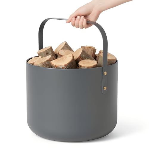 LIVLIG Design Kaminholzkorb Metall Holzkorb für Kaminholz mit Henkel Großer Korb für Kaminholz 36 x 44 cm Brennholzkorb als Kaminzubehör Aufbewahrungskorb in Matter Optik Grau