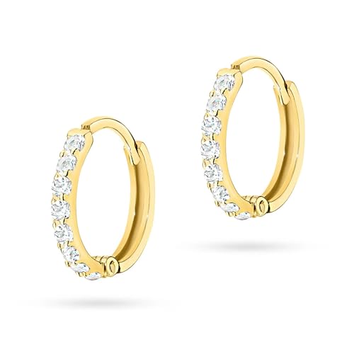 MARKO Echtgold Creolen Ohrringe 8 Karat Gelbgold 10mm mit Zirkonia Steinen Wasserfest Flacher Rücken Eleganter Gold Schmuck Weiß