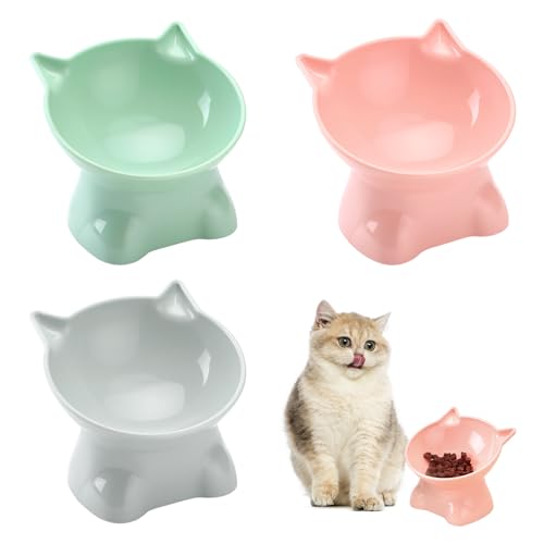 TNSLAND Katzennapf 3er Set Katzennapf Erhöht mit 15 Neigung Nackenpflege Katzenschüssel Anti-Kotz Erhöhte Katzennäpfe Kunststoffe Katzenfressnapf Wasser Katzennäpfe Erhöht Katzen Futternapf