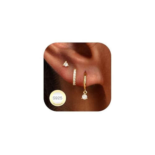 3 Paar Ohrringe Silber 925 Set Damen 14K Vergoldet Creolen Gold Silber mit Anhänger Ohrstecker Silber 925 Wasserfest Stecker Hängend Kleeblatt Ohrringe für Mehrere Piercings Ohrlöcher Schmuck Geschenk