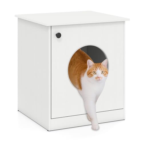 COSTWAY Katzenschrank Katzenklo Schrank Katzentoilette mit Tür großem Eingang Katzenhaus Beistelltisch Holz Katzenhöhle für kleine und mittlere Katzen modern Weiß 51 x 47 x 57 cm