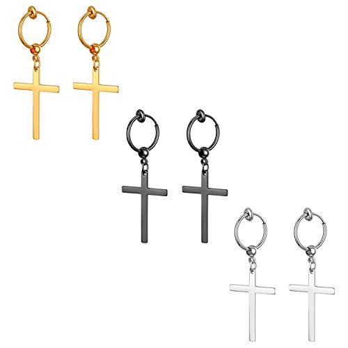 Cupimatch Kreuz Ohrringe 3 Paare Religiöse Edelstahl Ohrstecker Set mit Kreuzanhänger Boho Kleine Creolen Lang Baumeln Vintage Ohrhänger Ehrrings Gothic Schmuck für Männer Frauen Silber Gold Schwarz