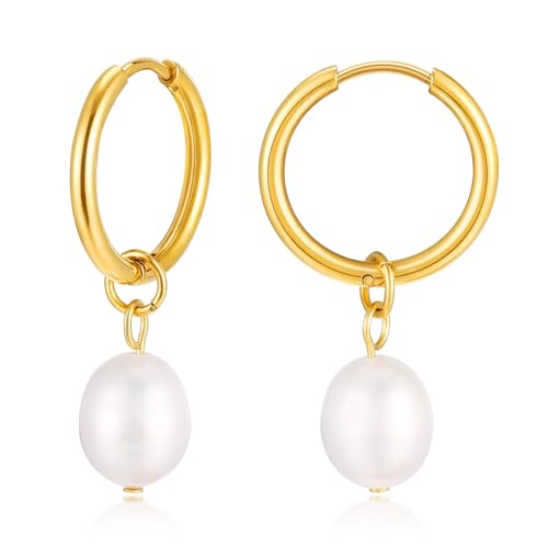 KIM JOHANSON Edelstahl Damen Perlenohrringe Malia in Gold Creolen mit echten Perlen Boho Schmuck für Frauen Wasserfeste Ohrringe hängend Multi Layer Kreolen Inkl. Schmuckbeutel