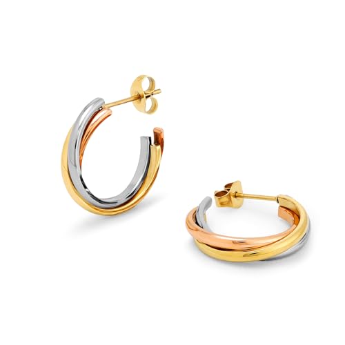 KIM JOHANSON Edelstahl Damen Ohrringe Tricolor in Silber Gold Ros gold Dreifarbige Creolen Boho Schmuck für Frauen Wasserfeste Ohrhänger Dreifache Multi Layer Kreolen Mit Schmuckbeutel