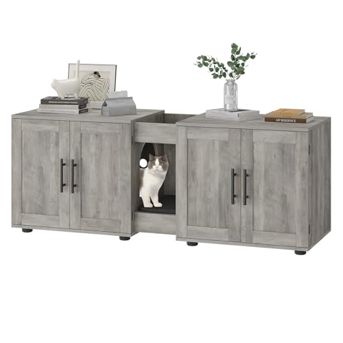 Thaookte Katzenklo-Schrank Katzenschrank 3 in 1 Versteckter Katzentoilette Mit Tür Trennwand Kratzmatte Katzenhaus Für Große Katzen Unter 10 kg MDF Wohnzimmer Schlafzimmer 140x45x57cm Grau
