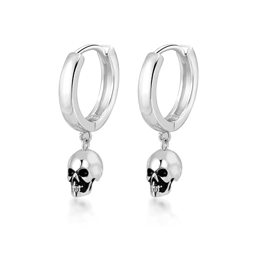 PHNIBIRD Totenkopf Creolen Ohrringe Silber 925 Hängend Herren Punk Ohrringe Gothic Schmuck Halloween Piraten Schmuck Weihnachtsgeschenke für Männer und Frauen