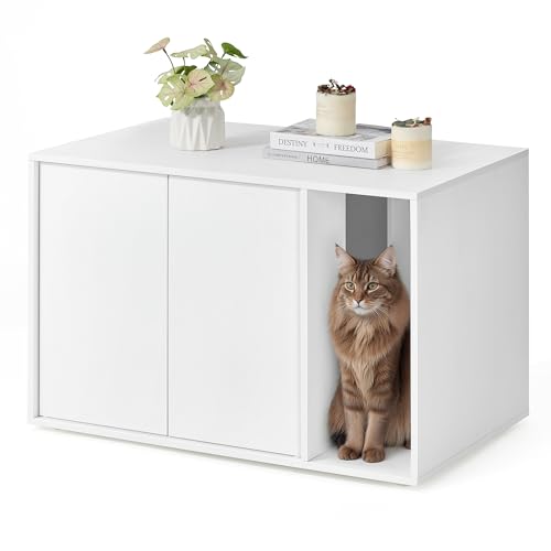 SONGMICS HOME Katzenklo-Schrank Toolless-Technologie Katzenhaus für große Katzen Push-to-Open Türen Beistelltisch minimalistisch superschnelle werkzeuglose Montage schneeweiß PCL013W01