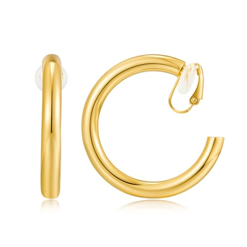 WOWORAMA Goldene Creolen Clip Ohrringe für Damen 30 mm große hohle Clip Ohrringe klassische große klobige Röhren 30 mm goldene runde Creolen