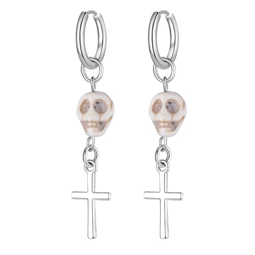 JewelryWe Schmuck Ohrringe Herren Creolen mit Gotik Punk Totenkopf Schädel Kreuz Anhänger Edelstahl Hängende Ohrringe Ohrhänger Geschenk für Männer Frau Silber Weiß