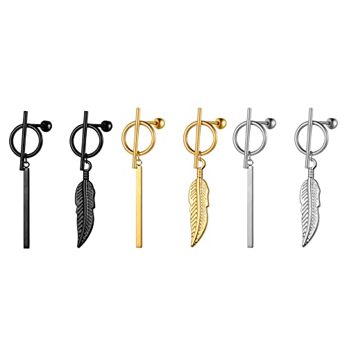 Flongo Damen Asymmetrische Ohrringe Ohrstecker Creolen Ohrhänger in Silber Gold Schwarz Stecker mit hängenden Feder Anhänger für Frauen 3 Paar Set