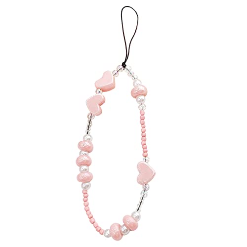 URFEDA Handykette Perlen Handy Lanyard Handyanhänger Böhmische Herz Perle Handykette Telefon Anhänger Anti Verlorene Telefon Kette Handgelenkschlaufe Schlüsselbund Handy Schmuck Hängen Chian Rosa