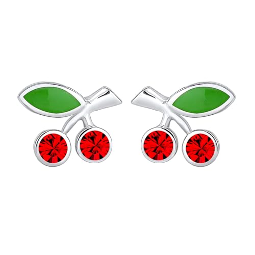 Elli Ohrringe Kinder Ohrstecker Kirschen mit Emaille und Kristallen in 925 Sterling Silber