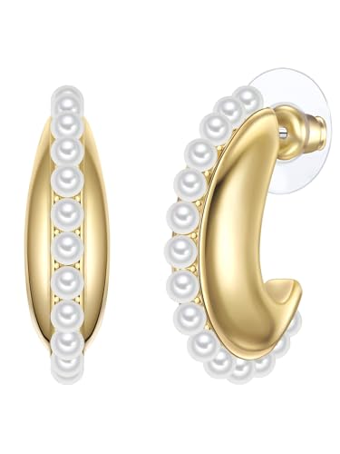 Yokoamii Damen Creolen Metall-Legierung gelbvergoldet 14 Karat mit rund Perle synth. ca. 2 5-3 0 mm weiß