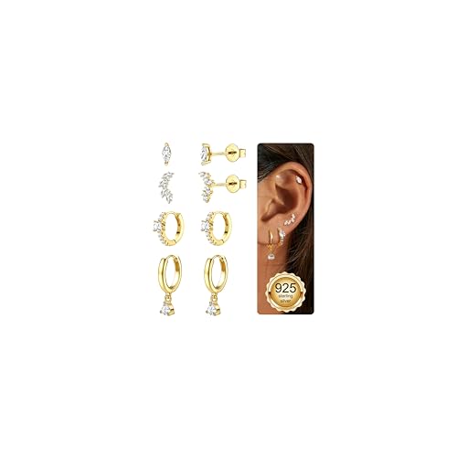 JeweBella 4 Paar Ohrringe Silber 925 Damen Ohrstecker Creolen Gold Set 18K Vergoldet Ohrringe Stapelbar Helix Piercings Ohrringe Hängend Hypoallergen Knorpel Ohrringe Set Gold Silber