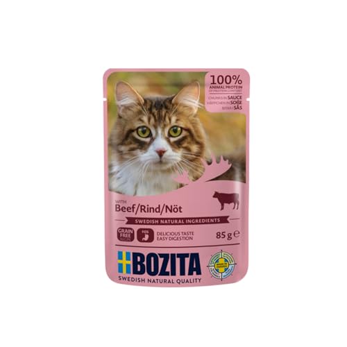 Bozita Pouch Nassfutter Häppchen in Sauce mit Rind - 12x85g Portionsbeutel getreidefreies weizenfreies Futter für Katzen - Katzennassfutter für erwachsene Katzen mit 8 5% Protein 4 5% Fettgehalt