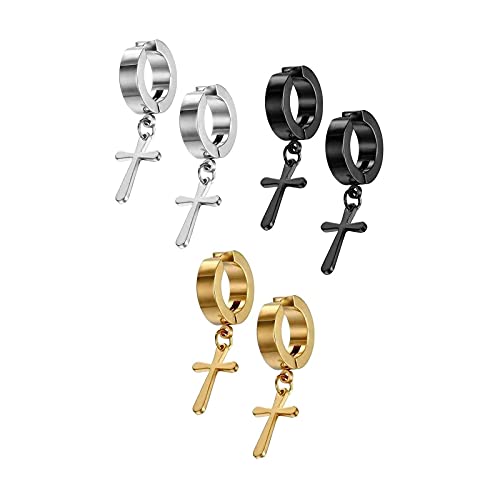 LEEQ Schmuck Unisex Creolen Ohrringe Edelstahl Kreuz Ohrh nger ohne Loch Fake Ohrstecker Ohrclips Klappcreolen Silber gold schwarz 3 Paar