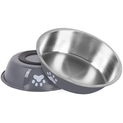 Lollanda Katzennapf aus Edelstahl 2er-Set Fressnapf Flach Katze mit rutschfestem Silikonboden Katzennäpfe 304 Material Futternapf Katze Edelstahl für Erhöhte Ständer BPA-frei grau
