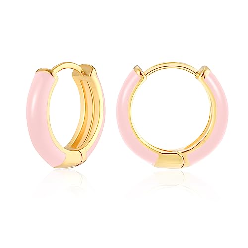 MESOVOR Kleine Goldene Creolen Ohrringe für Damen 18 Karat Vergoldete Leichte Huggie-Ohrringe Hypoallergene Ohrringe aus Emaille Geschenke für Mädchen Hell-Pink