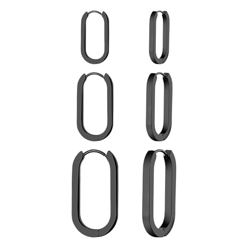JewelryWe 3 Paar für Damen Schwarz Edelstahl Rechteckig Huggie Set Geometrische U förmig Leicht Hypoallergene Hoops Minimalistisch Schmuck Geschenk