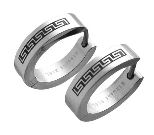 Herren Damen Ohrringe Glänzend Silber Hochglänzend mit Titan Stab Greek Key 16 mm Edelstahl klapp Creolen Kantig Gerade Mäander Ohrstecker Ohrclicker ERTS021