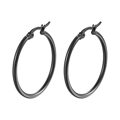 Beydodo Ohrringe Mädchen Edelstahl Creolen 25MM Rund Ohrringe Creolen Damen Schwarz Nickelfrei