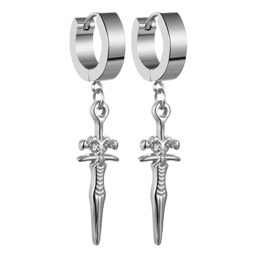 JewelryWe Schwert Creolen Ohrringe Herren Silber Edelstahl Creolen Huggie Hoop Ohrringe mit Dämon Ziegenkopf Dolch Anhänger Satan Punk Hängend Ohrringe Ohrstecker Halloween Geschenk für Männer Frauen