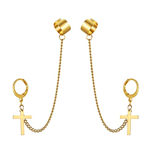 JewelryWe Schmuck Herren Damen Ohrringe Edelstahl Kreuz Kruzifix Creolen Ohrstecker Ohrclip Ohrklemme Ohrkette Hip-Hop Vatertag Geschenk Gold