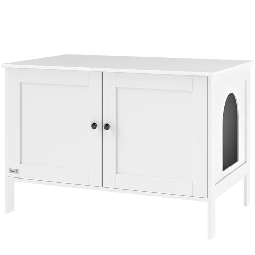 PawHut Katzenklo-Schrank Katzenhaus mit Tür Trennwand Katzentoilette Katzenschrank für große Katzen Beistelltisch Katzenhöhle 80 x 51 x 54 cm Weiß