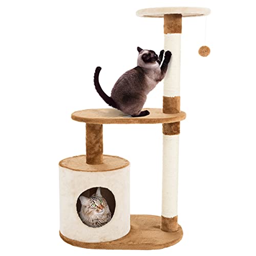PETMAKER mit 3 Ebenen 2 Nickerchensitzstangen 2 Sisalseil Kratzbäume und Spielzeug zum Aufhängen Turm für Kätzchen im Innenbereich braun