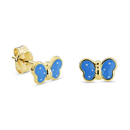 Miore Schmuck Kinder MÃ¤dchen Ohrstecker blaue Schmetterling Ohrringe aus Gelbgold 18 Karat 750 Gold mit mit Schmetterlingsverschluss 7 x 4.5 mm