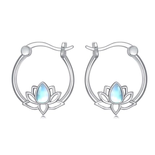 VONALA Mondstein Lotus Ohrringe Silber 925 Creolen Lotus Blume Hoop Creolen Boho Style Schmuck Geschenke für Frauen Mädchen