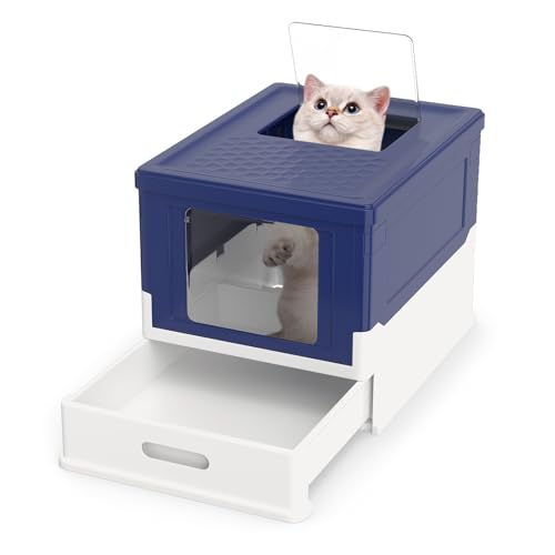 COSTWAY Katzenklo faltbar Katzentoilette mit Deckel ausziehbarem Tablett Fronteinstieg für Kleine bis Mittelgroße Katzen bis 10 kg aus PP pflegeleicht Blau