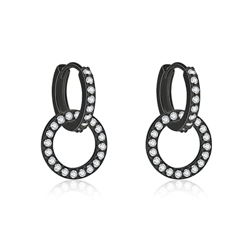 Fcebsty Schwarz hängend 10mm S925 Sterling Ohrring doppelter Zirkonia Double Circle Schmuck Hochzeitsgeschenke Frauen