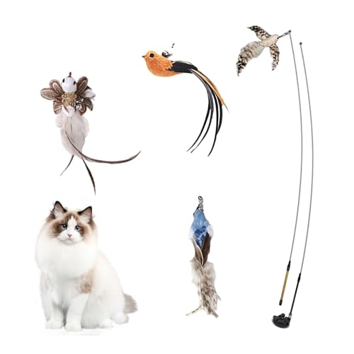 Qfdiwr Interaktives Katzenspielzeug Angel Mit 4 Feder Katzenangel Stabil Mit Federn Katzenstäbe Vogel Katzenspielzeug Set Interaktive Katzenspielzeug Set Katzen Feder Spielzeug Mit Starkem Saugnapf