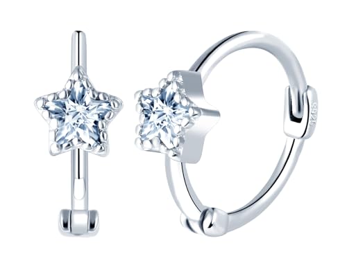 Yumilok Damen Ohrringe Creolen Silber 925 Sterling Silber Zirkonia Pentagramm Stern weiß Ohrstecker Huggie Piercing Knorpel für Frauen