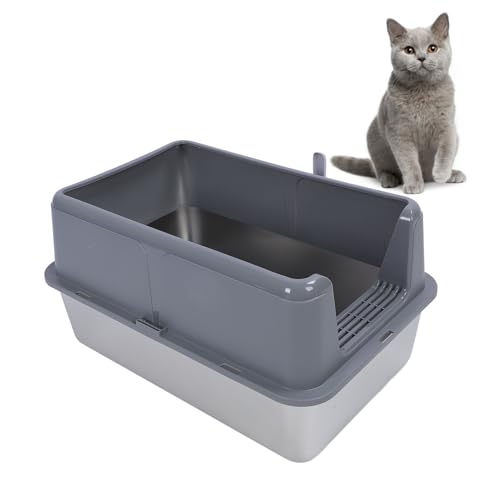 Extra Großer Edelstahl -Müllblattschale Big Cat Edelstahlkatze Katzentoilette mit Deckel XL Metallstreu Pfanne Hohe Wandseiten Gehäuse Nicht -Stab -Leck -Proof für Katzen Grey