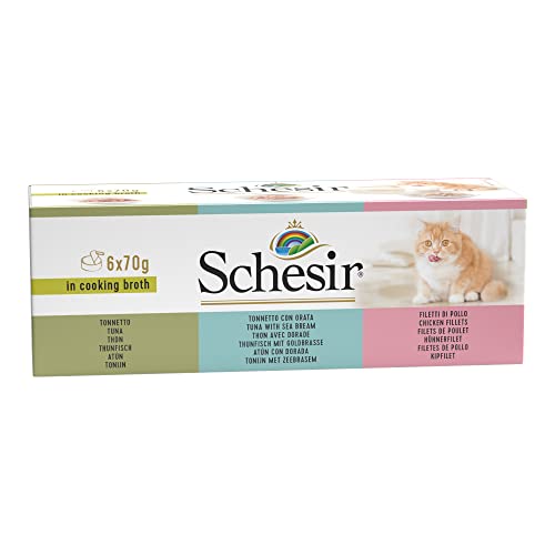 Schesir Cat in Brühe - Katzenfutter nass mit Thunfisch Hühnerfilet und Goldbrasse in eigener Kochbrühe hohe Verträglichkeit Multipack in Dosen 6 x 70 g