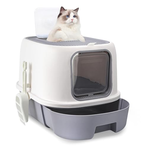 CALIYO Katzenklo mit Deckel Anti-Geruch Katzentoilette Geschlossen hoher Rand Katzenklo Groß XXL mit Schublade Sieb für Große Katzen Cat Litter Box 53 41 40 cm Grau-Weiß